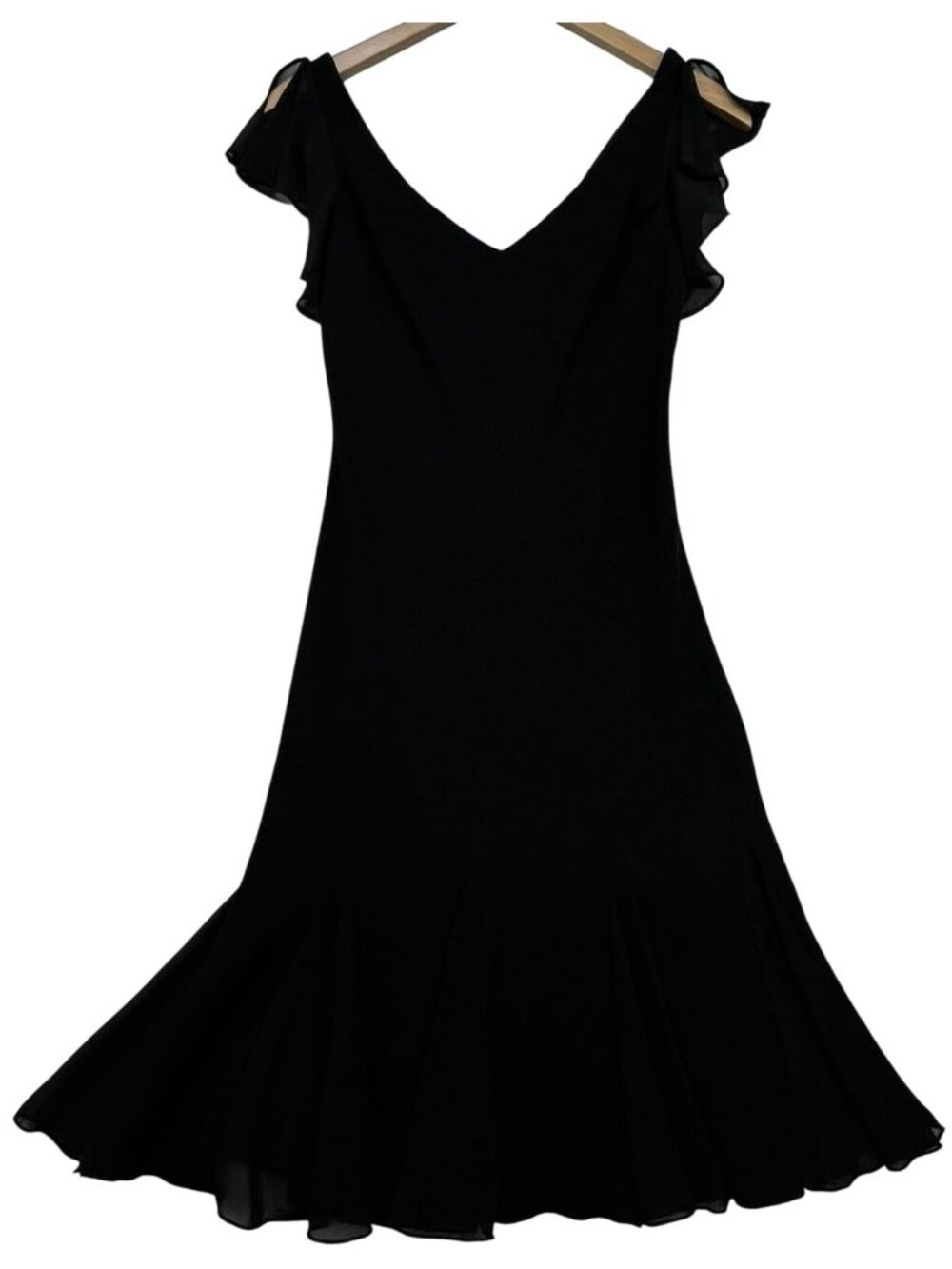 Dressbarn Women's Chiffon V Neck Dress Flutter Sleeve Ruffle Hem Size 4 Black